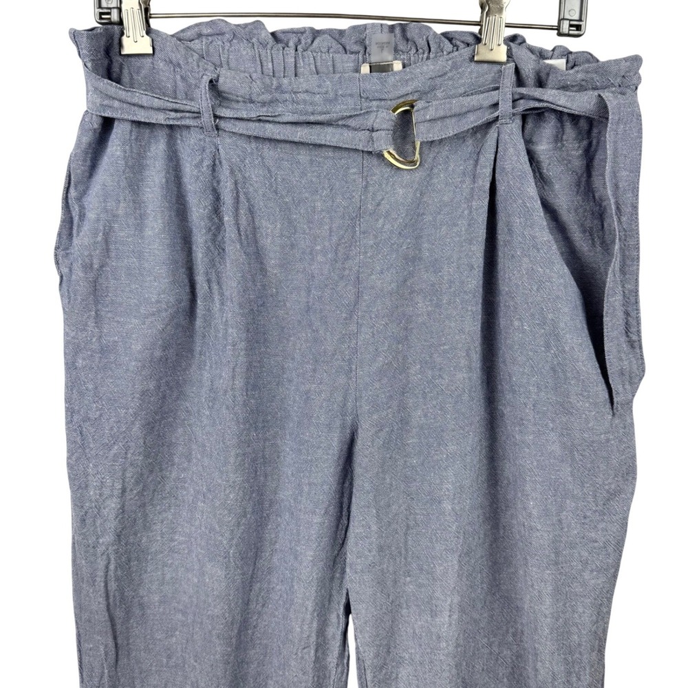 Anne Klein Paperbag Waist Pants Womens Large Blue Linen Blend Belted Casual Chic - Picture 4 of 13